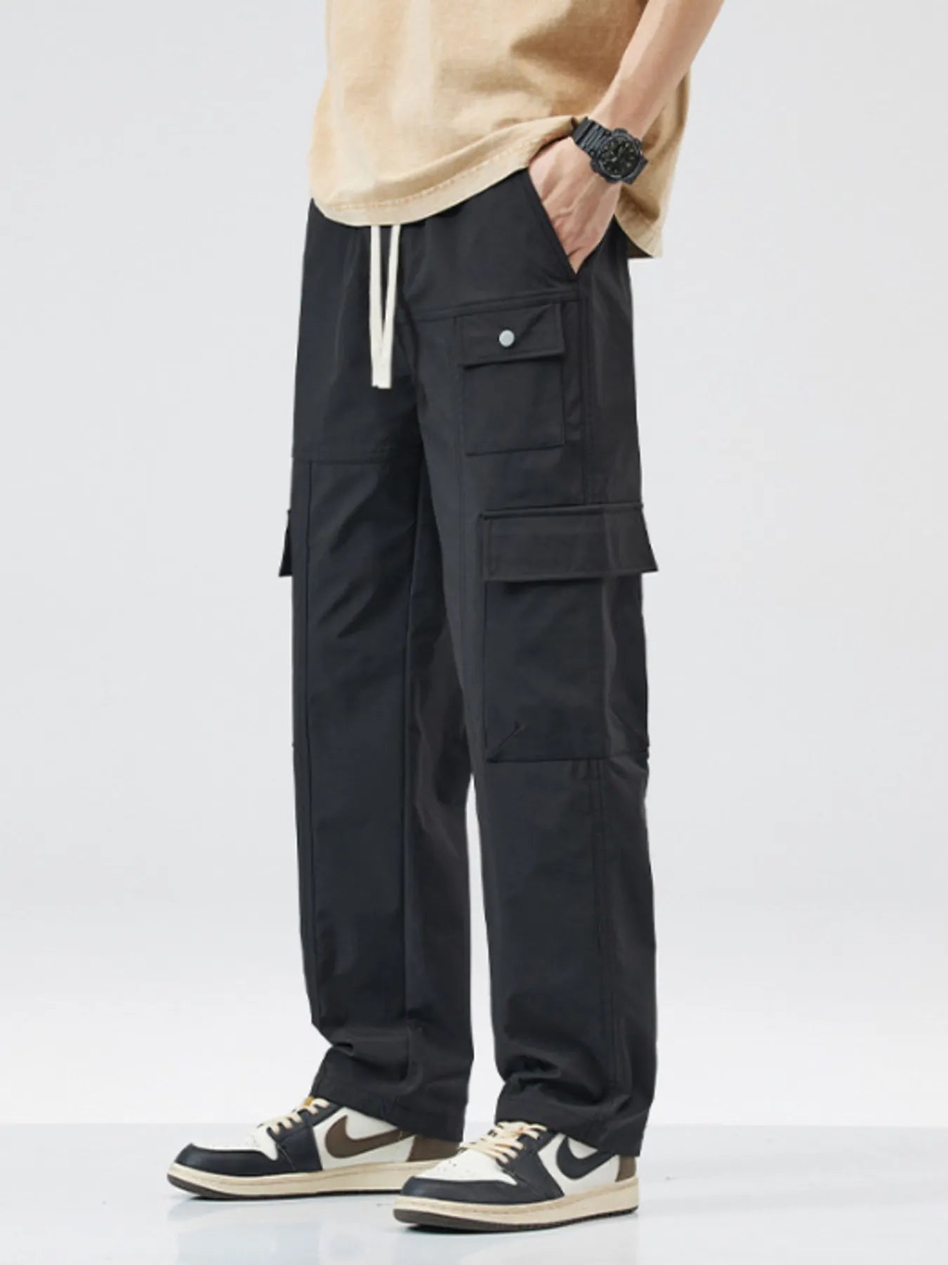 Relaxed Fit Cargo Pants with Drawstring Plus Size